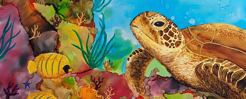Turtle and coral reef, alcohol ink and mixed media by Rebecca Nesbit.